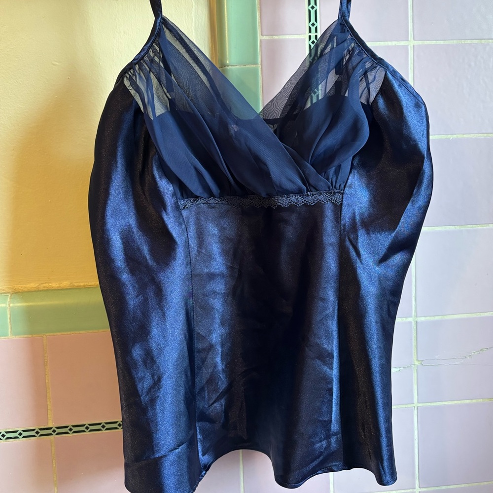 Vintage navy blue silk slip tank with sheer trim